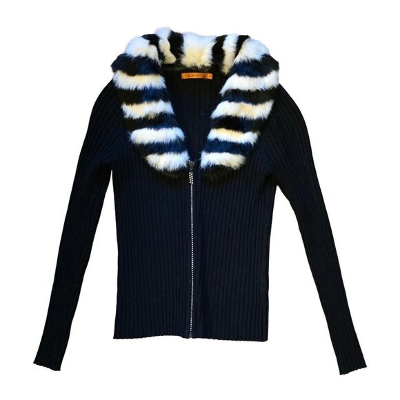 🖤 Vintage Belldini Faux Fur Collar Ribbed Zip-Up Sweater – Size M 🖤 - Picture 2 of 6